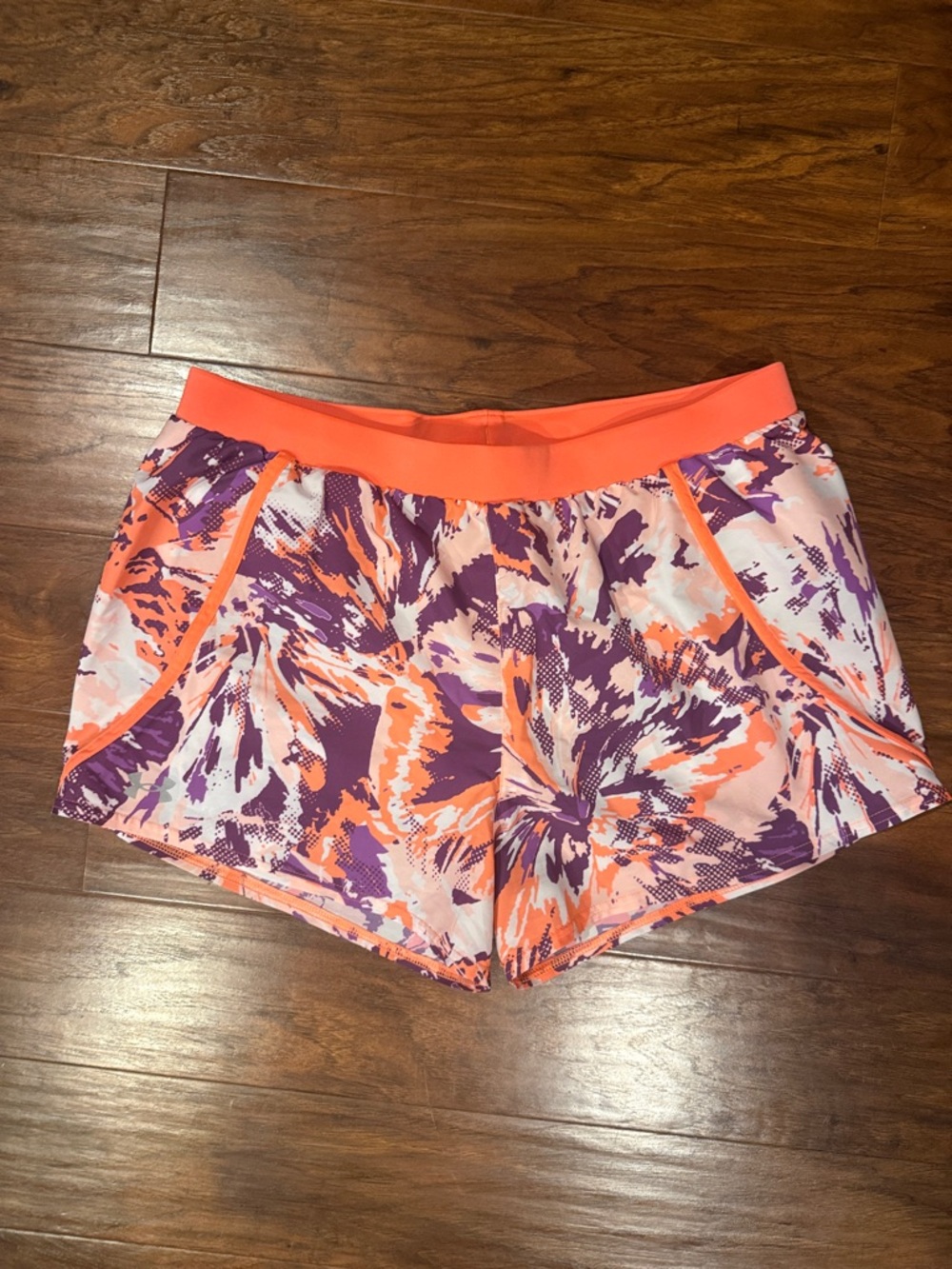 Under Armour Coral & Purple Abstract Athletic Shorts- large